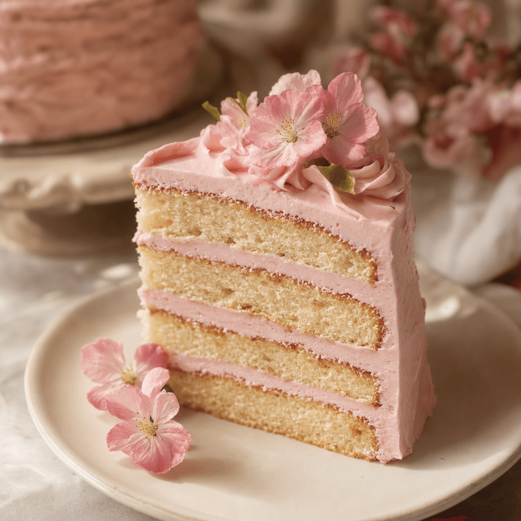 Soft pink layered cake slice ready to serve
