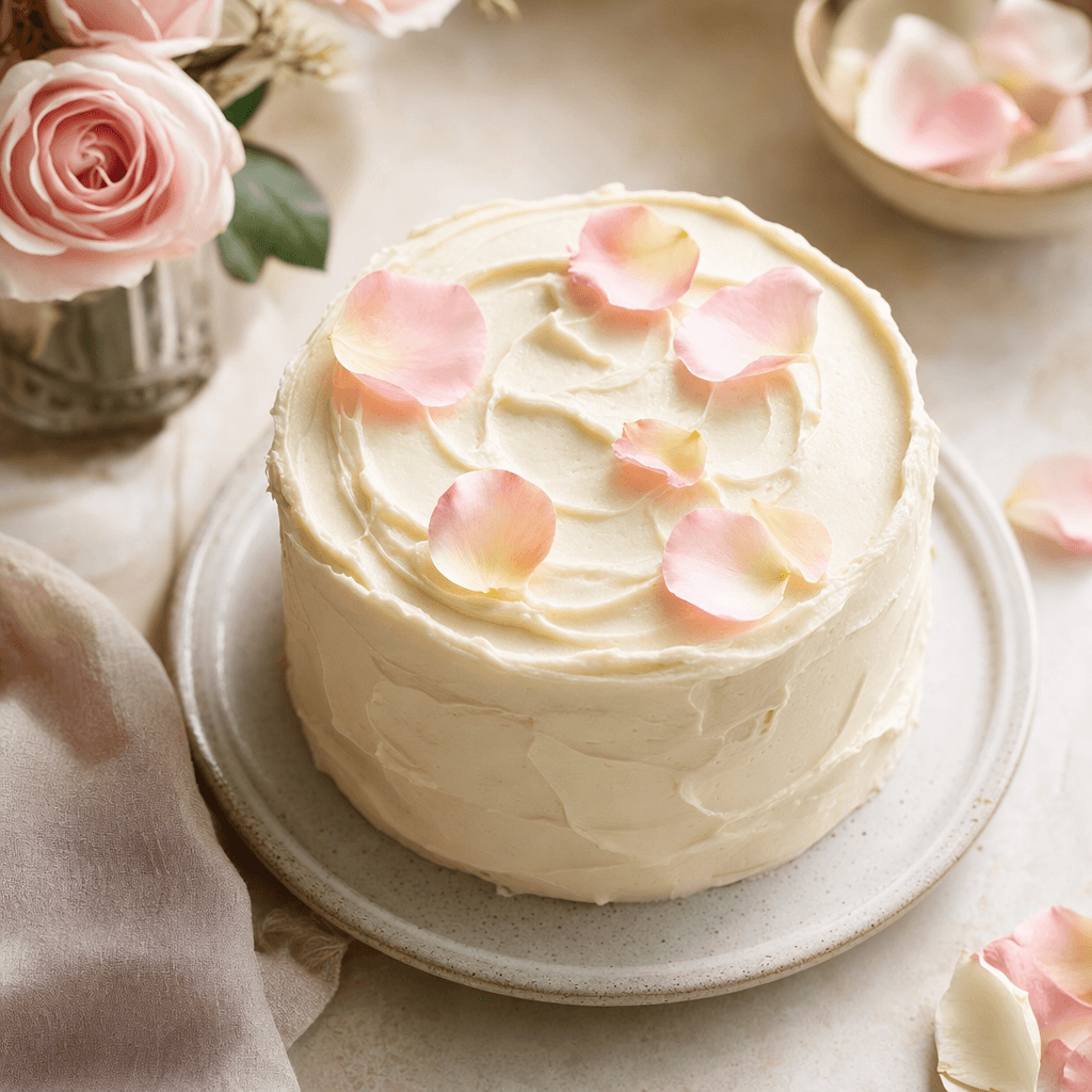 Simple homemade cream cake finished with soft blush rose petals