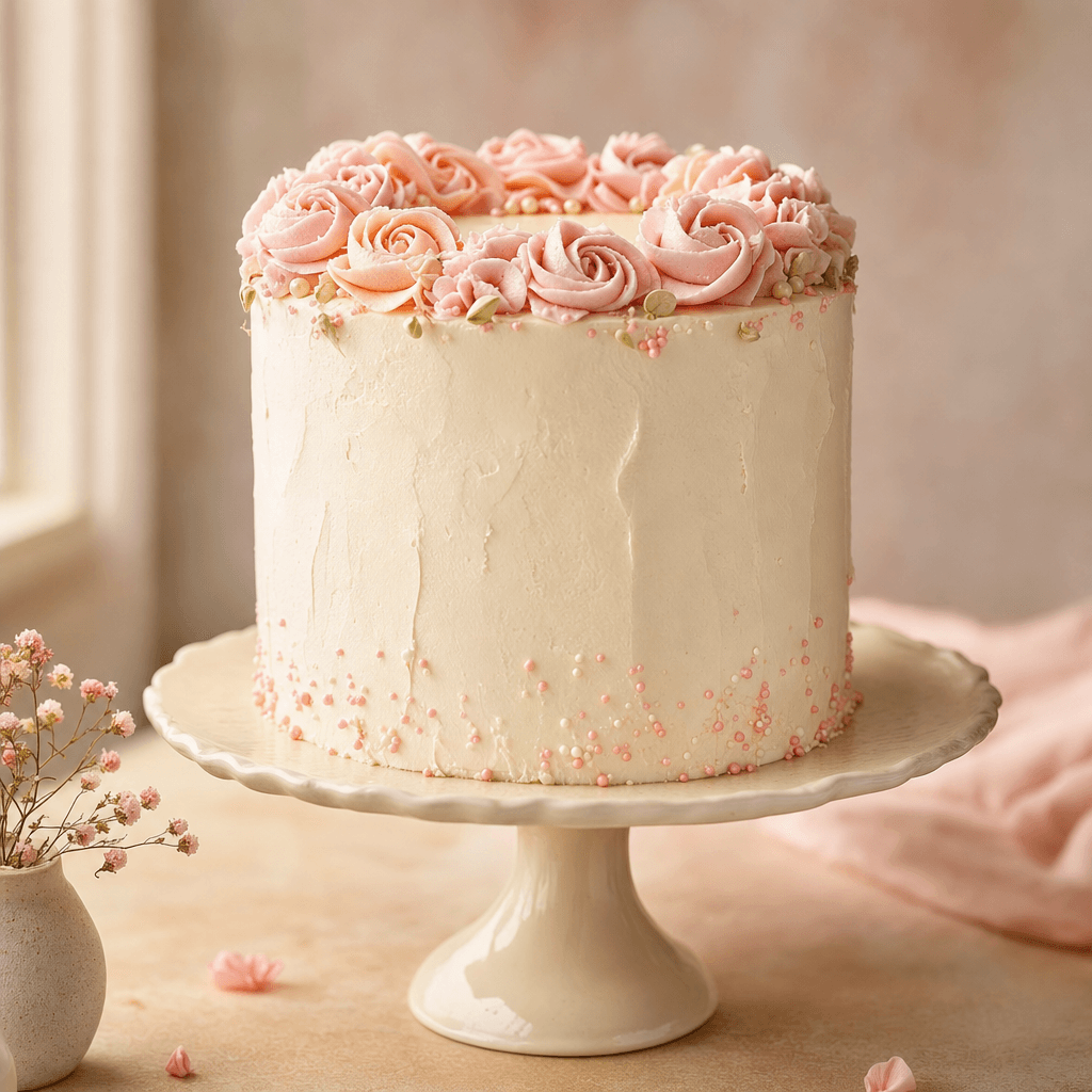 Elegant celebration cake with blush pink buttercream roses