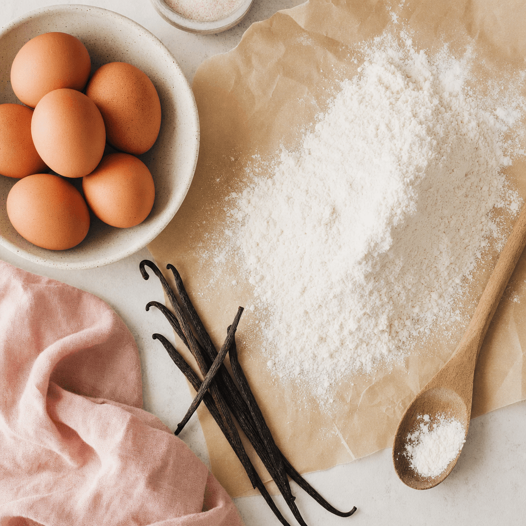 Natural bakery ingredients arranged on parchment paper